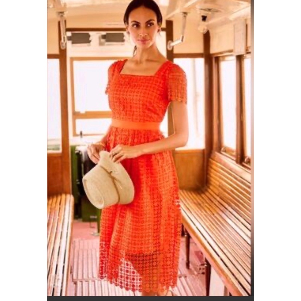 Talbots Dress Lace Fit Flare Midi Size 12 Petite Orange Eyelet Short Sleeve New